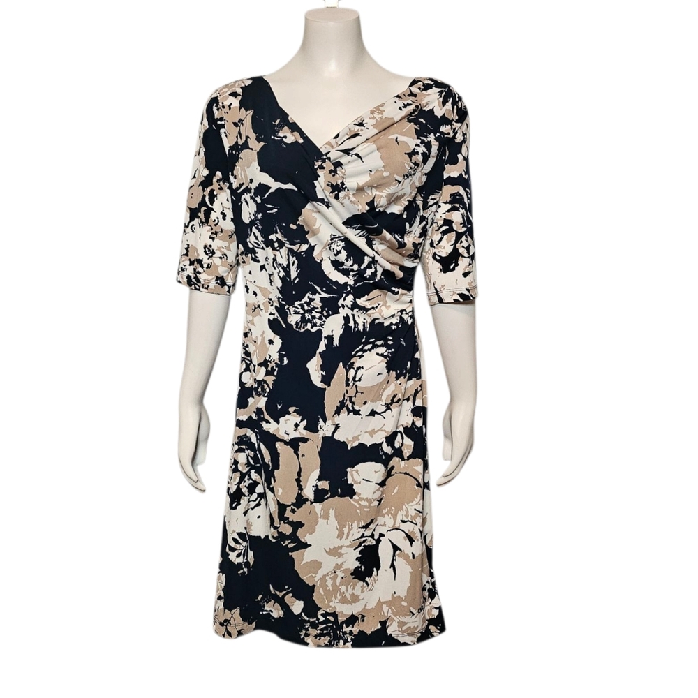connected apparel Black and Beige Floral Faux-Wrap Midi Dress